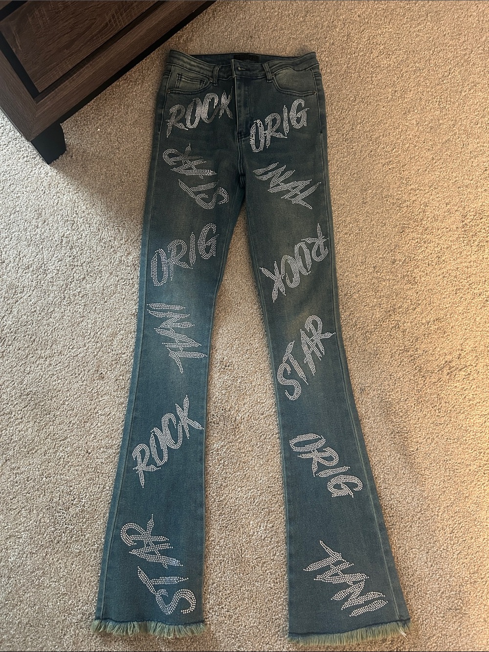 Graphic Embellished Flare Jeans in Washed Blue+ Discontinued
